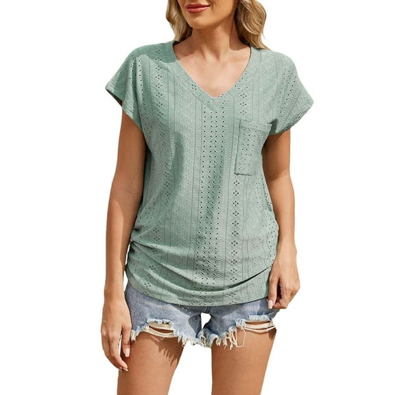 Women V Neck Pocket Short Sleeve Loose Fit Breathable Casual Tee Top L Size Army Green