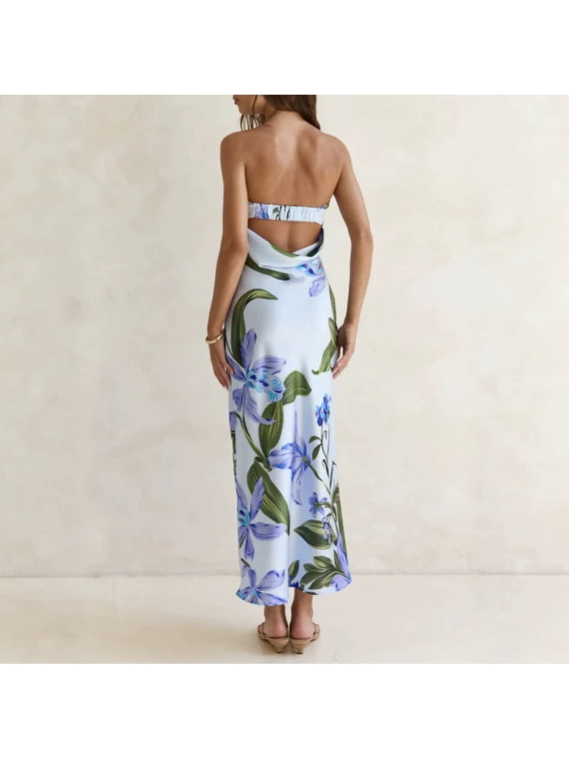 printed bodycon maxi dress 2026 New Women's Blue Orange Floral Print Strapless Tube Top Bohemian Vacation Outfit 52L Sheer cape panels
