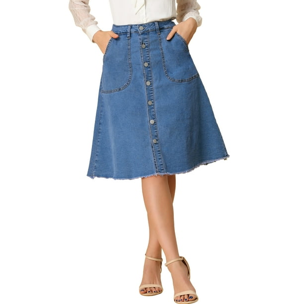 Faldas De Mezclilla Para Mujer Falda Vaquera Midi Con Botones Y Dobladillo Sin Rematar Azul M