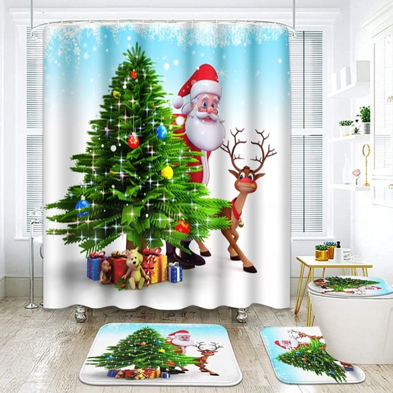 FMSHPON Christmas Tree Santa Claus Deer 4 Piece Bathroom Set Shower Curtain Bath Rug Contour Mat and Toilet Lid Cover