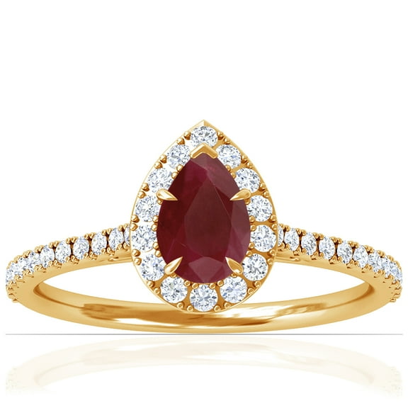 GemsNY July Birthstone - Dainty Pear Shape Ruby Halo Ring with Pave Set Diamonds (Grade - A | 0.83cttw)