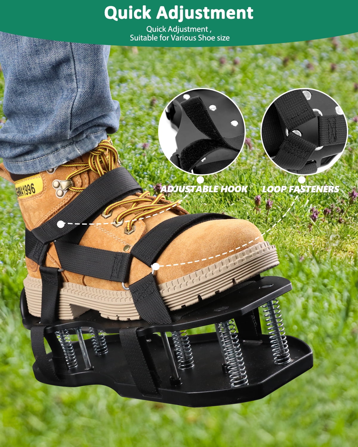 WellMall Lawn Aerator Shoes with Spring Base - Free-Installation Tool for Lawn Care - Automatic Leaf and Dirt Cleaning - Adjustable Laces - Perfect for Lawn, Yard, and Garden! (Black)