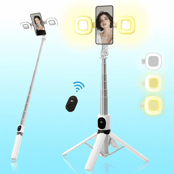 TIKBBRMG Phone Tripod , 55" Selfie Stick Tripod Stand, 2 Fill lights & Rechargeable Remote Phone Tripod Stand for Travel/Recording/Vlogging