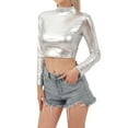 thumbnail image 3 of Shiny Stretch Metallic T Shirts for Women Long Sleeve Tee Mock Neck Clubwear Slim Fit Tops Silver L, 3 of 5