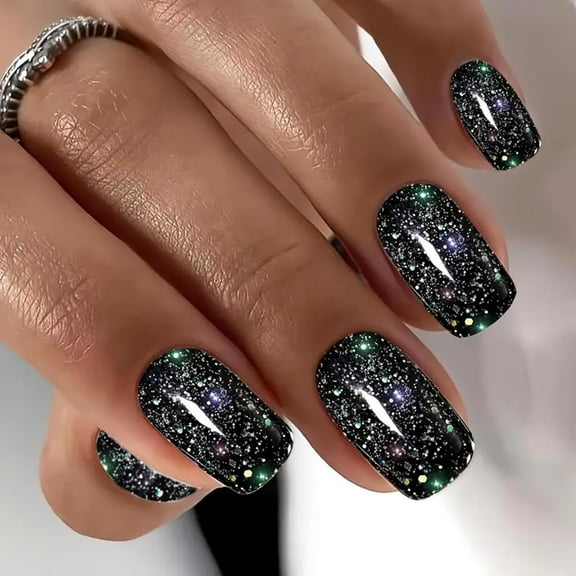 Black Glitter Press on Nails Short, Shimmer Fake Nails Square Press on Nails Galaxy Glue on Nails Medium False Nails with Designs Reusable Artificial Stick on Nails for Women Girl Manicure Nail Art