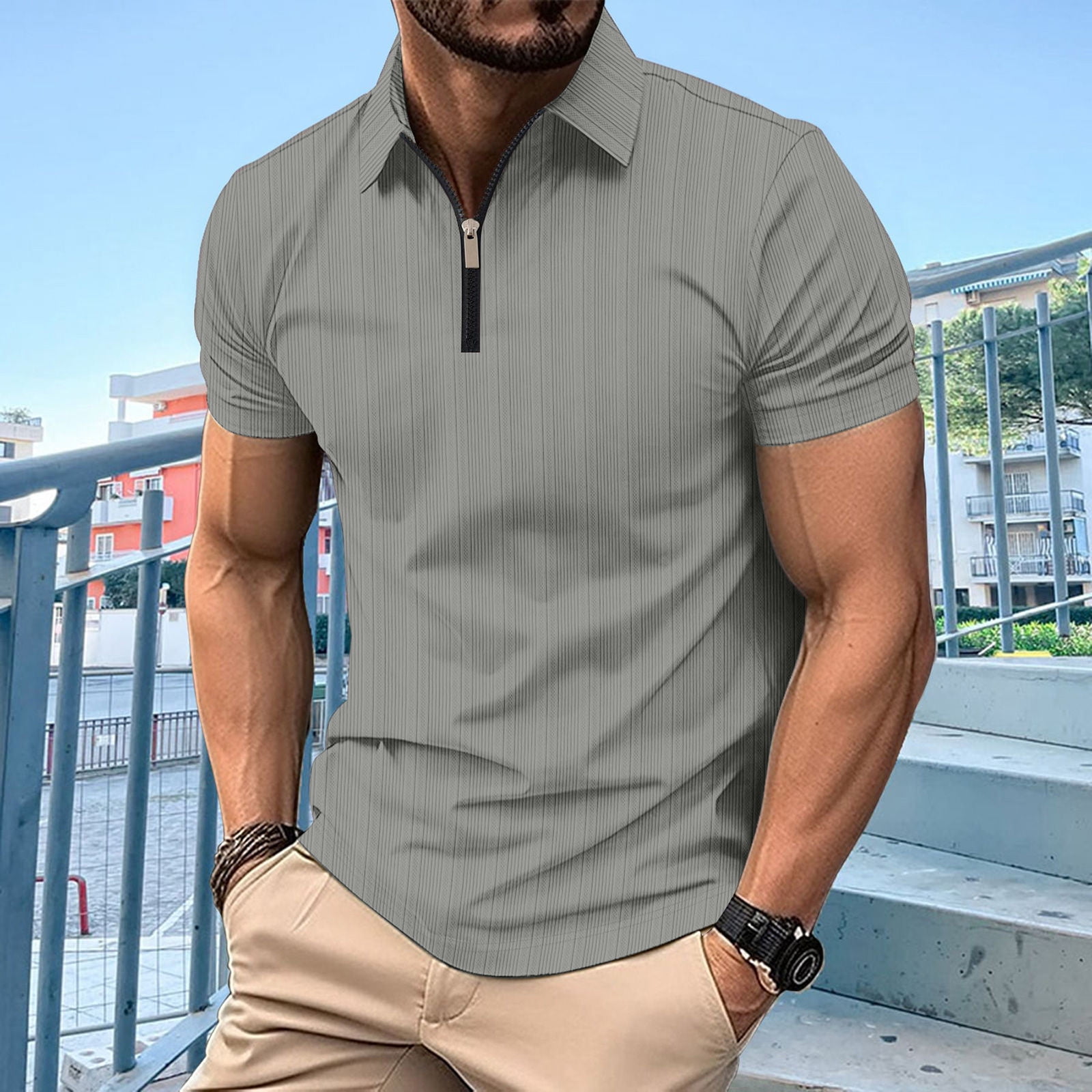 ohmzyzo Men's Zipper Polo Shirts Solid Color Classic Fit Tees