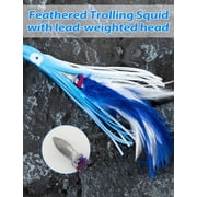 BLUEWING Tuna Feather Daisy Chain Squid Chain Fishing Teaser Lure with 4in Feathered Trolling Squids and Stainless Steel Trolling Hook Big Game Trolling Lure for Tuna Mahi Wahoo Marlin, Blue