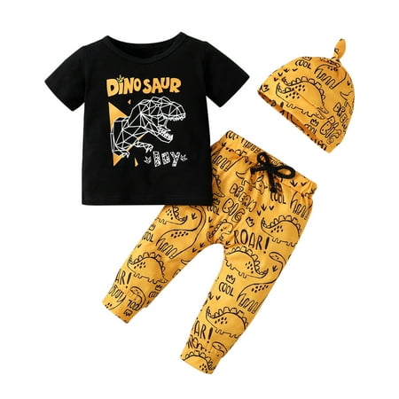 

Kids Toddler Boy Cute Fashion Child Clothes Casual Short Sleeve Cartoon Printed Shirt Pants Hat 3pcs Spring Casual Child Outfits Set
