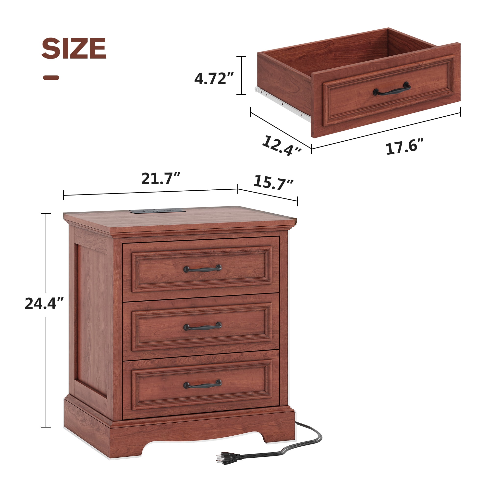 Farmhouse Nightstand with Charging Station, 3 Drawers Bedside Table for Bedroom for Adults, Cherry Brown