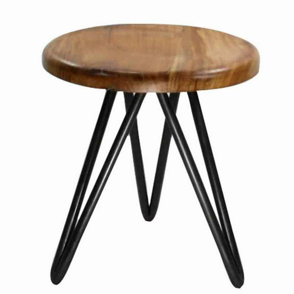Round Wooden Top Stool with Metal Hairpin Legs, Set of 2, Brown and
