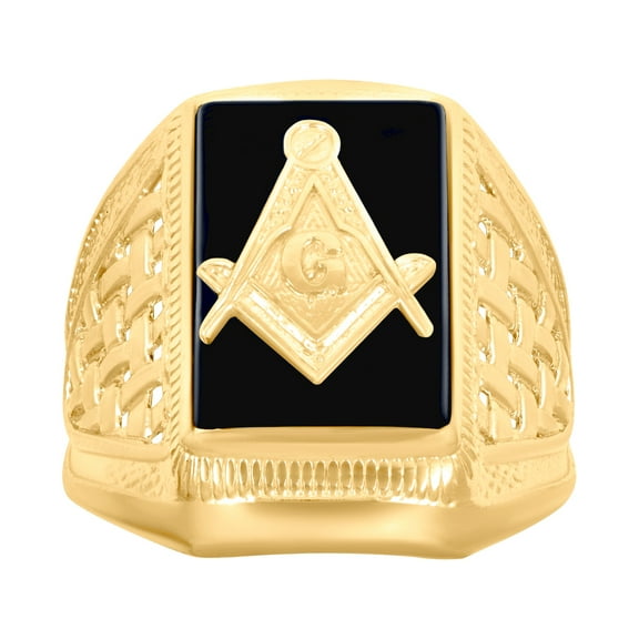10k Yellow Gold Mens Black Enamel Masonic Symbols Religious Ring Ring for Men - 5.1 Grams