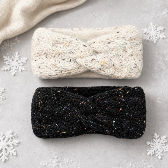 Tutuviw 2Pcs Ear Warmers Headband Winter Knitted Headband for Women Girls Soft Twisted Elastic Turban Head Wraps with Bow Knot for Winter Women Cold Weath Crochet Ear Protector(White Black)