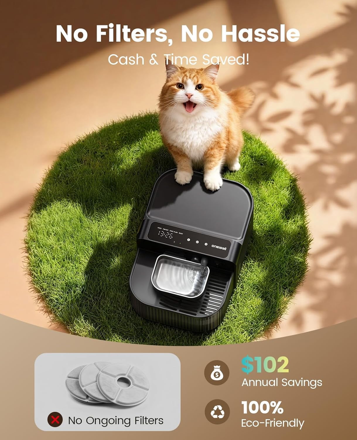 Wireless Filterless Cat Water Fountain, Separate Clean and Dirty Water Pet Fountain with Stainless Steel Bowl, 3.5L/118oz Quiet No Filter Smart Automatic Cat Water Dispenser Indoor, Black