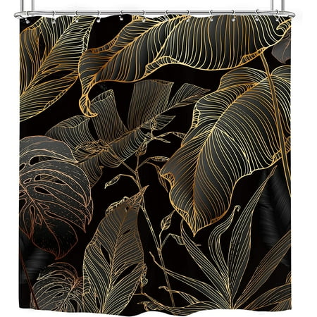 Newhomestyle Black Brown Tropical Leaves Shower Curtain 72Wx72H Inch Palm Leaf Plant Botanical Jungle Rainforest Nature Modern Aesthetic with 12 Plastic Hooks Decor