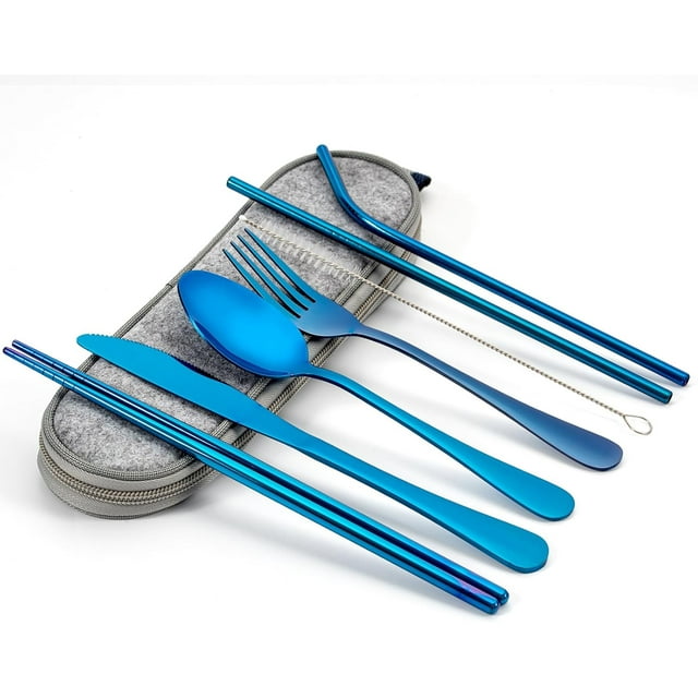 Ensemble de Couverts de Voyage, Ensemble d'Ustensiles en Acier Inoxydable Réutilisables avec Étui, Ensemble de Couverts de Camping Portable pour Boîte à Lunch, Ensemble de Couverts 8 Pcs Incluant Fourchette Cuillère Baguettes Brosses de Nettoyage Pailles (Bleu)
