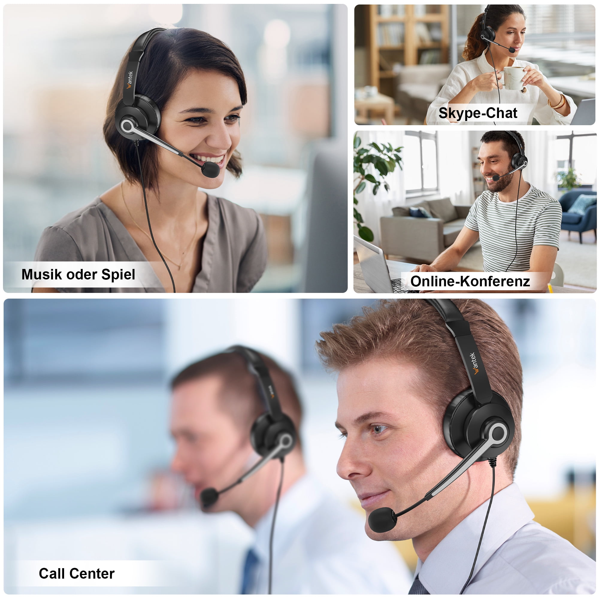 Wantek USB Headset with Microphone for PC,Laptop,3.5mm/USB/Type-C Jack 3-in-1 Computer Headset with Noise Cancelling & Audio Controls,USB Headphones for Call Center,Work,Office,Binaural