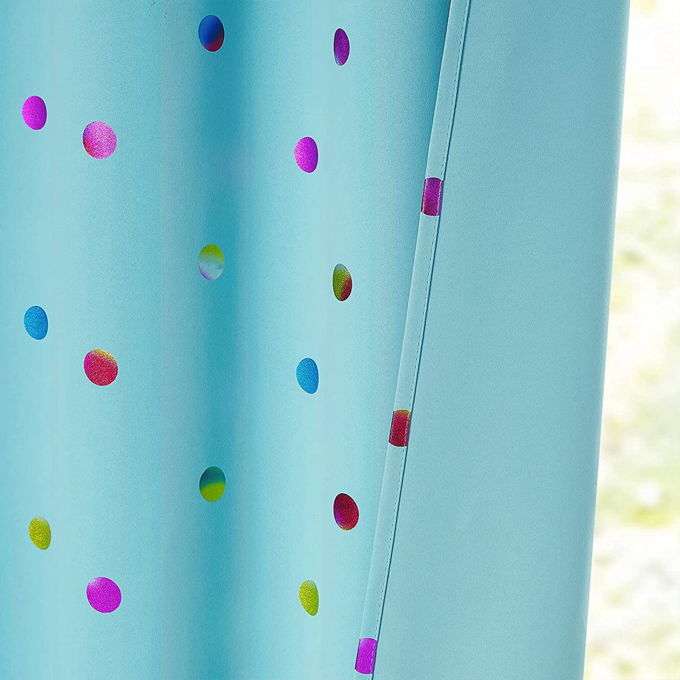 Bazaahm Blue 100% Blackout Curtain Panels for Kids Juvenile Bedroom Living Room 95"L x 52"W Colorful Metallic Polka Dots Printed Room Darkening Draperies, Grommet Top 2pcs