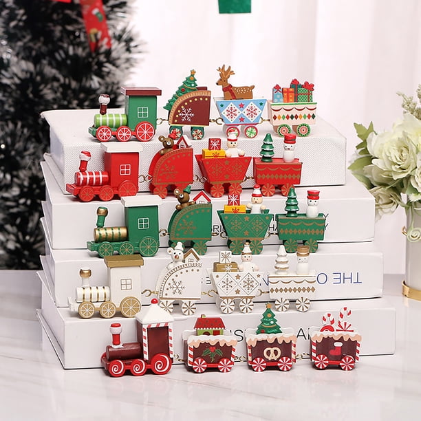 Xihbxyly Adorno Navideño de Tren, Diseño de Madera de Cuatro Secciones, Pintura Ecológica, Decoración Navideña Vibrante, Perfecto para El Árbol y El Hogar, Regalo Familiar, Usos Múltiples, Ambiente F