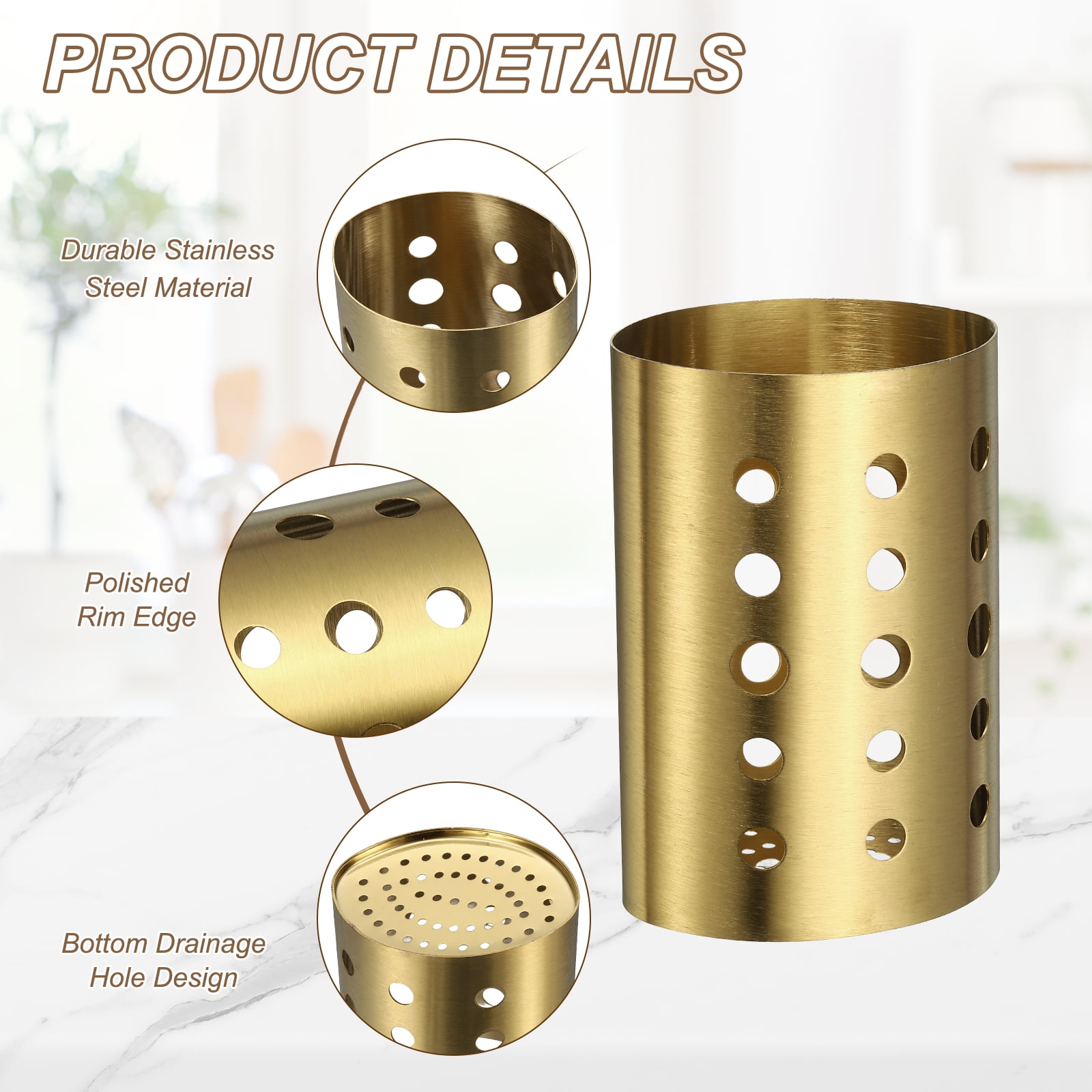 Uxcell Kitchen Utensil Holder, 3.9x5.5" Stainless Steel Utensil Cutlery Holder Round Flatware Organizer with Drain Hole for Kitchen Restaurant Countertop Straw, Spoon, Chopstick, Silver
