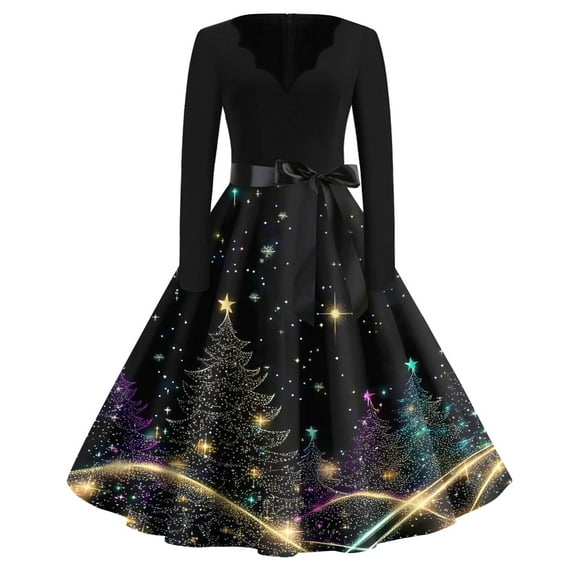 Women's Fashion V-Neck Relaxed-Fit Christmas Print Long-Sleeved Dress for Comfortable Holiday Fashion and Casual Outings,Gold,L