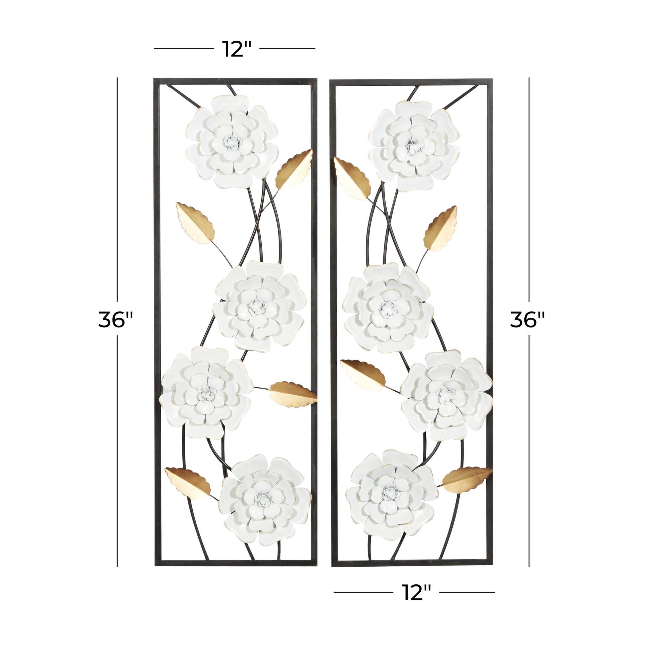 DecMode White Metal Dimensional Floating Floral Wall Decor with Black and Gold Accents (2 Count)