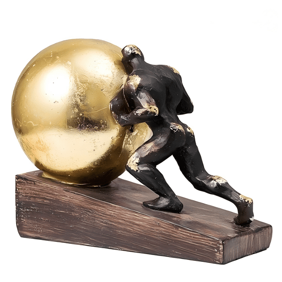 Sisyphus Rolling Golden Boulder Sculpture, Modern Art Decor Statue, Decorative Home Office Table Centerpiece Decor