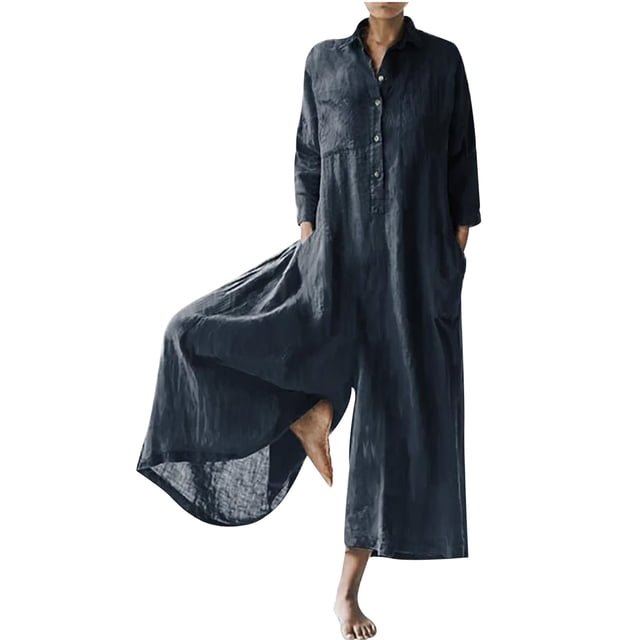 aidice Plus Size Womens Jumpsuits Cotton Linen Lapel Neck Long Sleeve Button Lightweight Loose Rompers
