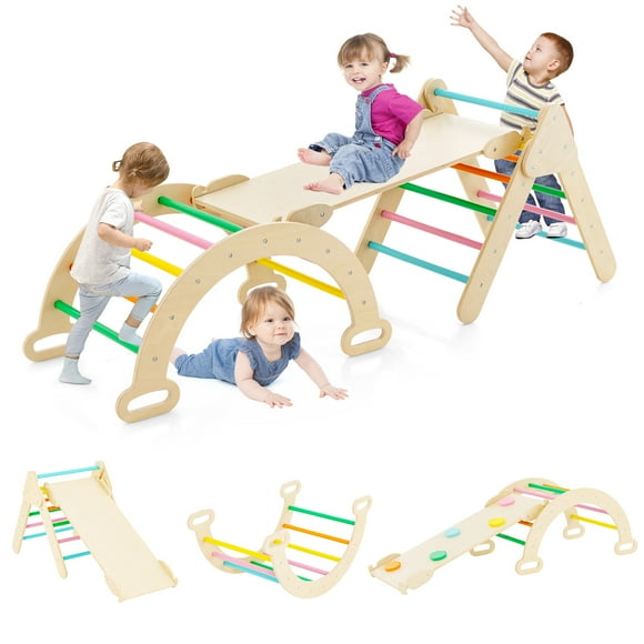 Costway 3-in-1 Kids Climber Set Toddler Wooden Play Arch with Sliding and Climbing Ramp