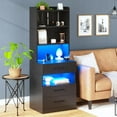 thumbnail image 2 of AOGLLATI Tall Night Stand Set of 2 with Charging Station and LED Lights, Black Nightstand with 3 Drawers and Adjustable Shelves, Modern Bedside Table with Bookshelf for Bedroom, 2 of 15