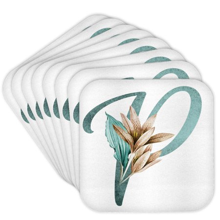3drose, Green Boho Lily Monogram Initial P, Set of 8 Coasters - Soft