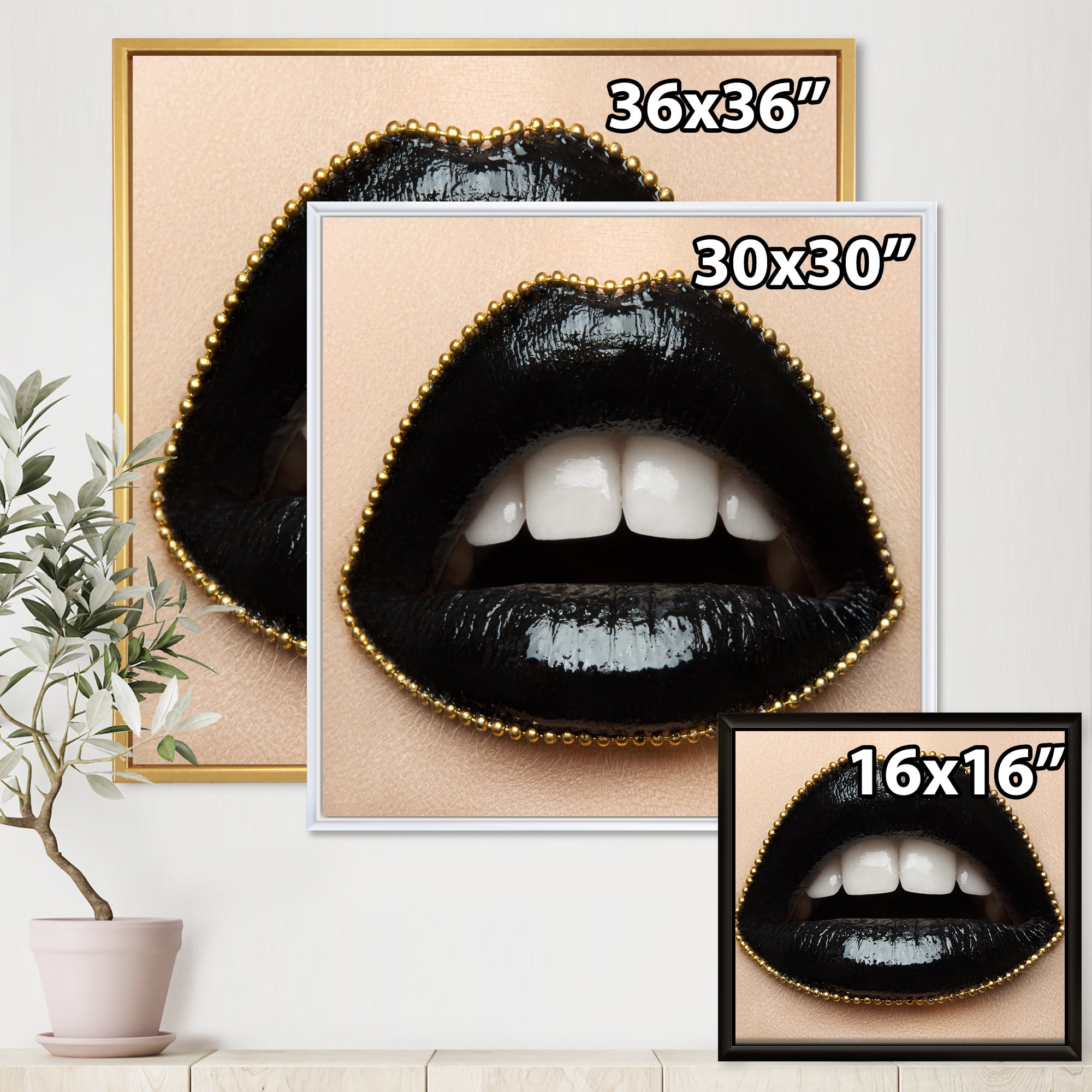Designart 'Woman Lips With Black Lipstick & A Gold Chain' Modern Framed Canvas Wall Art Print