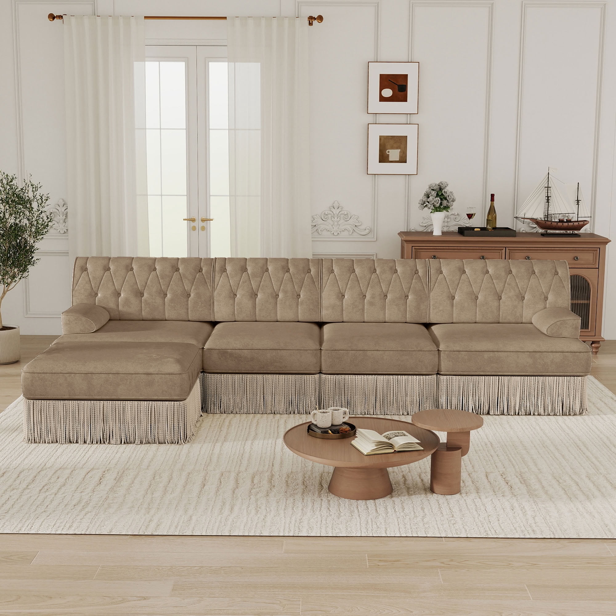 MAYEERTY 135 Inch L-Shaped Sectional Sofa, Pet Friendly Chesterfield Modular Couch with Ottoman, Wooden Base for Living Room Bedroom Rest Area