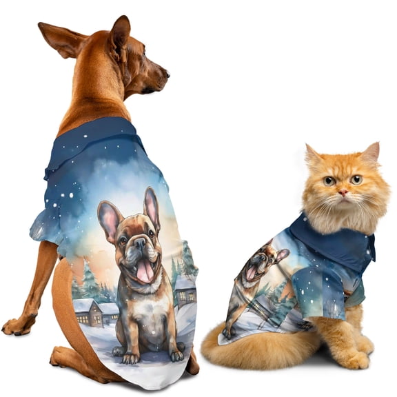 Hello Winter French Bulldog Welcome Snowy Night Watercolor Vintage Hawaiian Summer Shirt for Small Medium Large Dog Cat Dog Lover Gifts - 01011