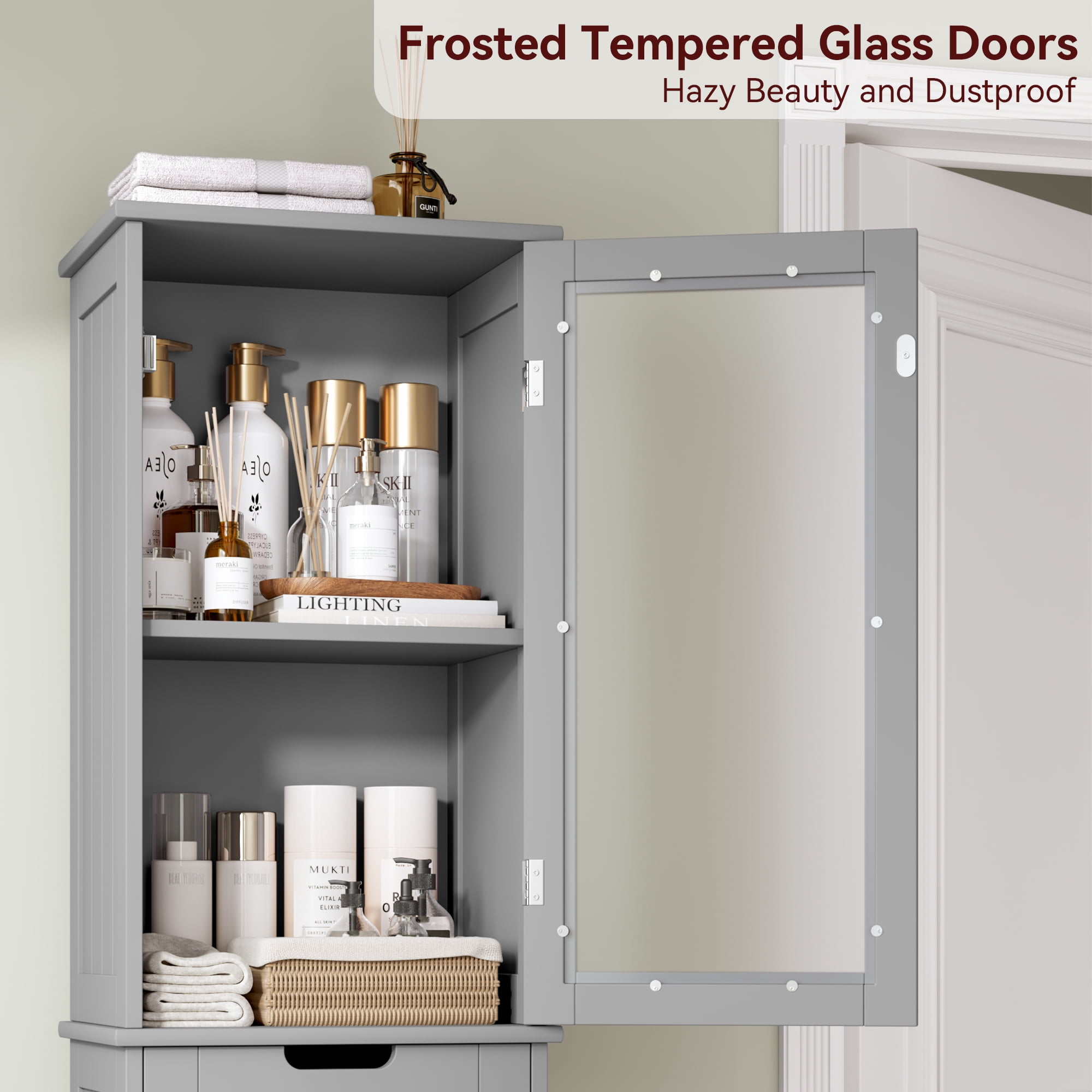 Homfa Bathroom Storage Tower, Narrow Linen Cabinet with Door and Drawers, Tall Bathroom Storage Cabinet for Small Spaces, Gray