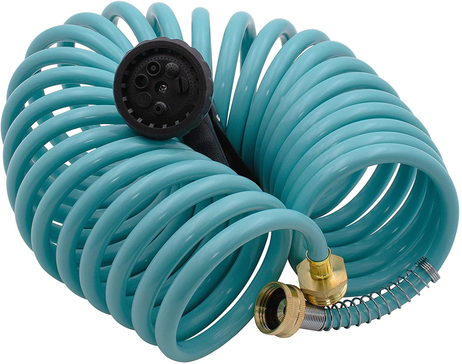 AUTOMAN EVA Recoil Garden Hose 25ft - Includes 7 Pattern Spray Nozzle, Corrosion Resistant Garden Coil Hose. Turquoise