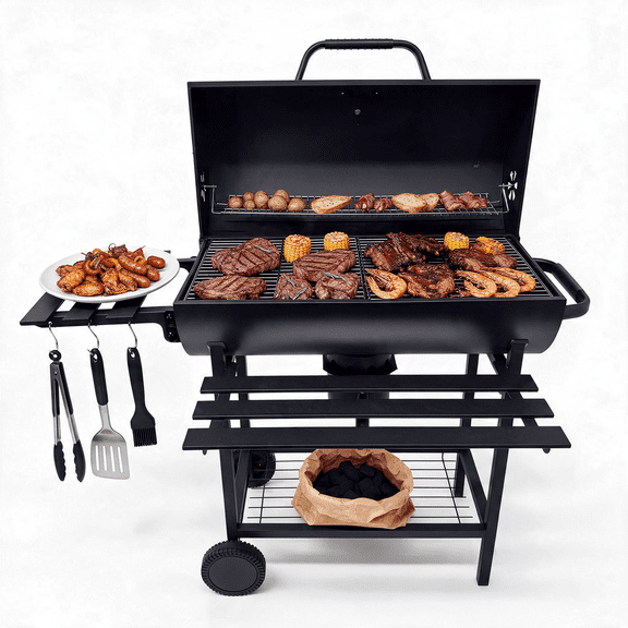 KOBENDA 29" Barrel Charcoal Grill with Foldable Side Table & Removable Ashtray for Backyard, Black