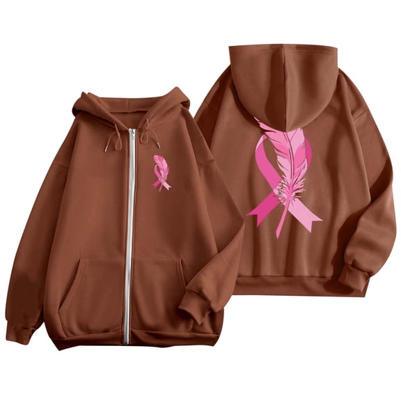 2024 Popular Women's Autumn And Winter Cancer Day Ribbon Feather Print Zipper Long Sleeve Pocket Drawstring Casual Sports Hooded Sweatshirt Sweaters Women Sleep Womens Graphic Long Sleeve Women