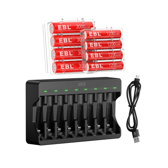 EBL 4x AA and 4x AAA Rechargeable Lithium Li-ion Batteries 1.5V with 8 Slots Smart Battery Charger