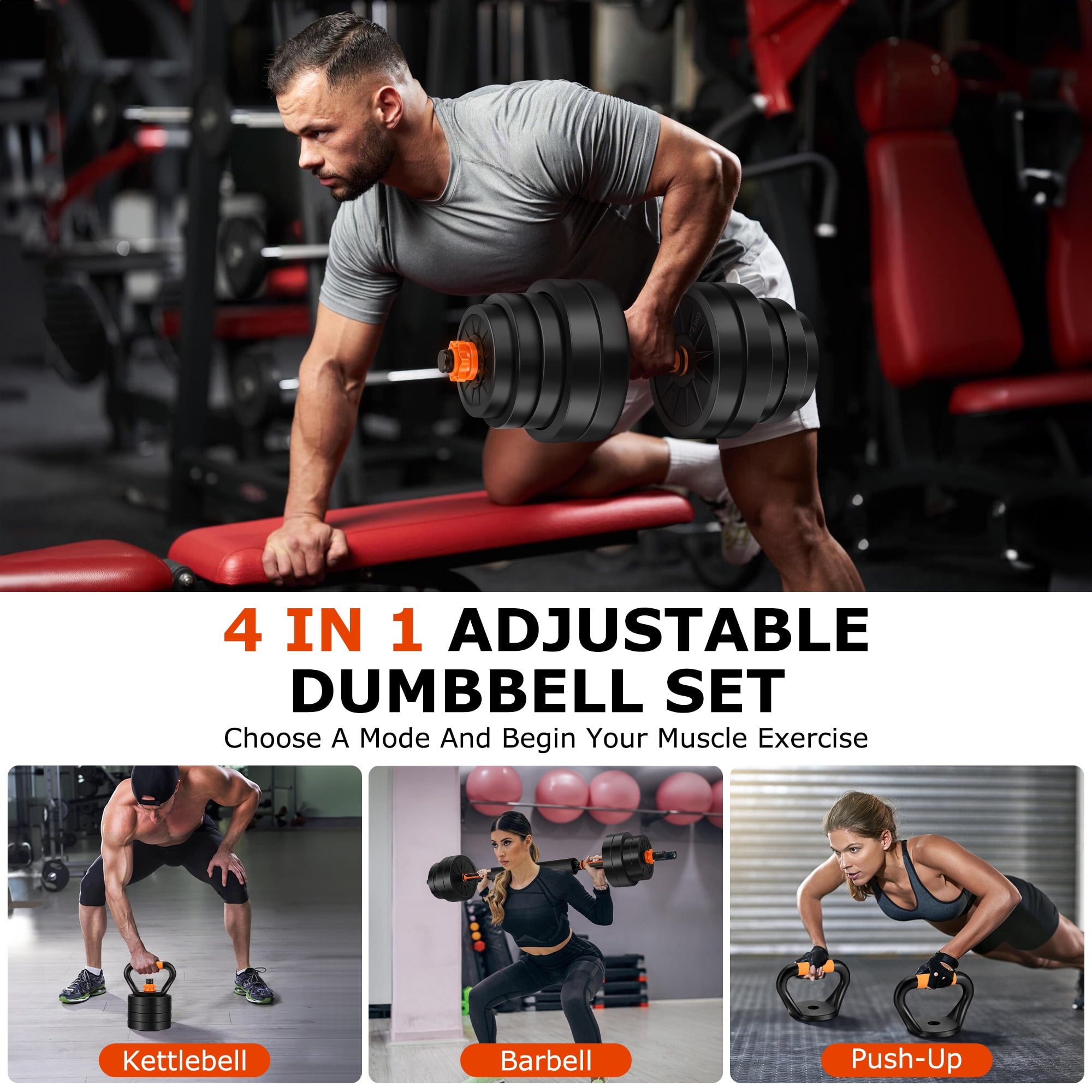 FIXTECH 66 Lbs Adjustable Dumbbell Set,  4 in 1 Weight Set, Dumbbell, Barbell, Kettlebell and Push-up, Home Gym Fitness Workout Equipment for Men and Women