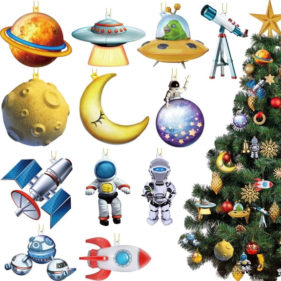 CoreLiving Solar System Ornaments Set, Planet & Astronaut Christmas Tree Ornaments, Space Themed Holiday Decor for Kids, Wooden Hanging Xmas Decorations for Outer Space Party Supplies