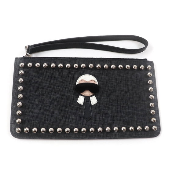 Pre-Owned FENDI 8M0341 Karlito Karl Lagerfeld motif studded leather pouch in black,... (Good)