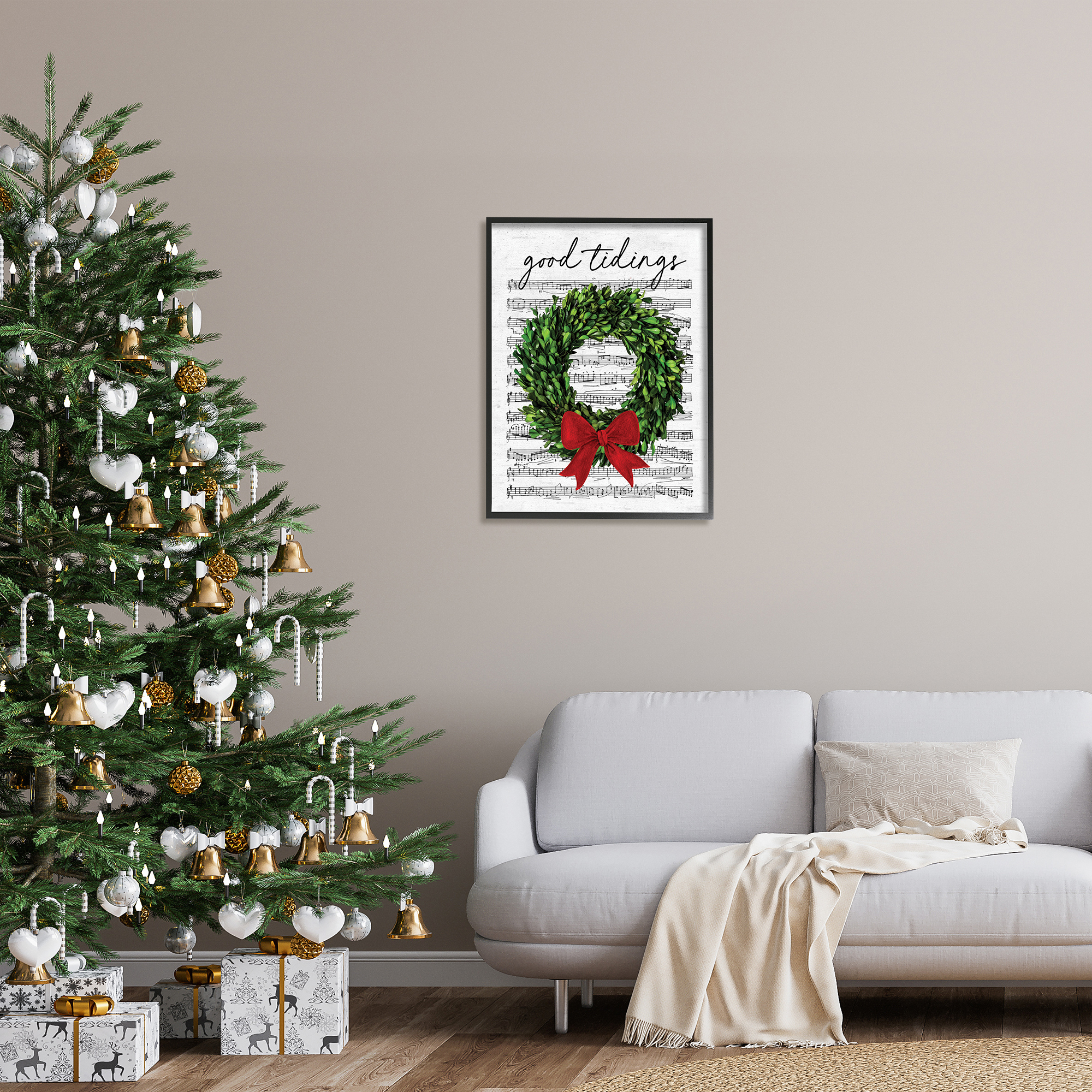 Stupell Industries Good Tidings Holiday Wreath Holiday Painting Black Framed Art Print Wall Art, 24 x 30