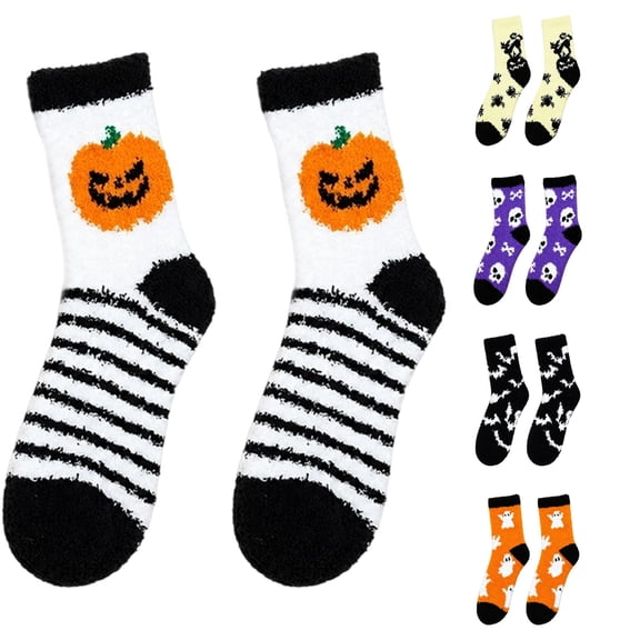 Huowey Halloween Fuzzy Socks For Men Women Crew Socks Cat Ghost Pattern Halloween Gift Fall Winter Warm Cozy Festival Party Lounging Home Socks,White