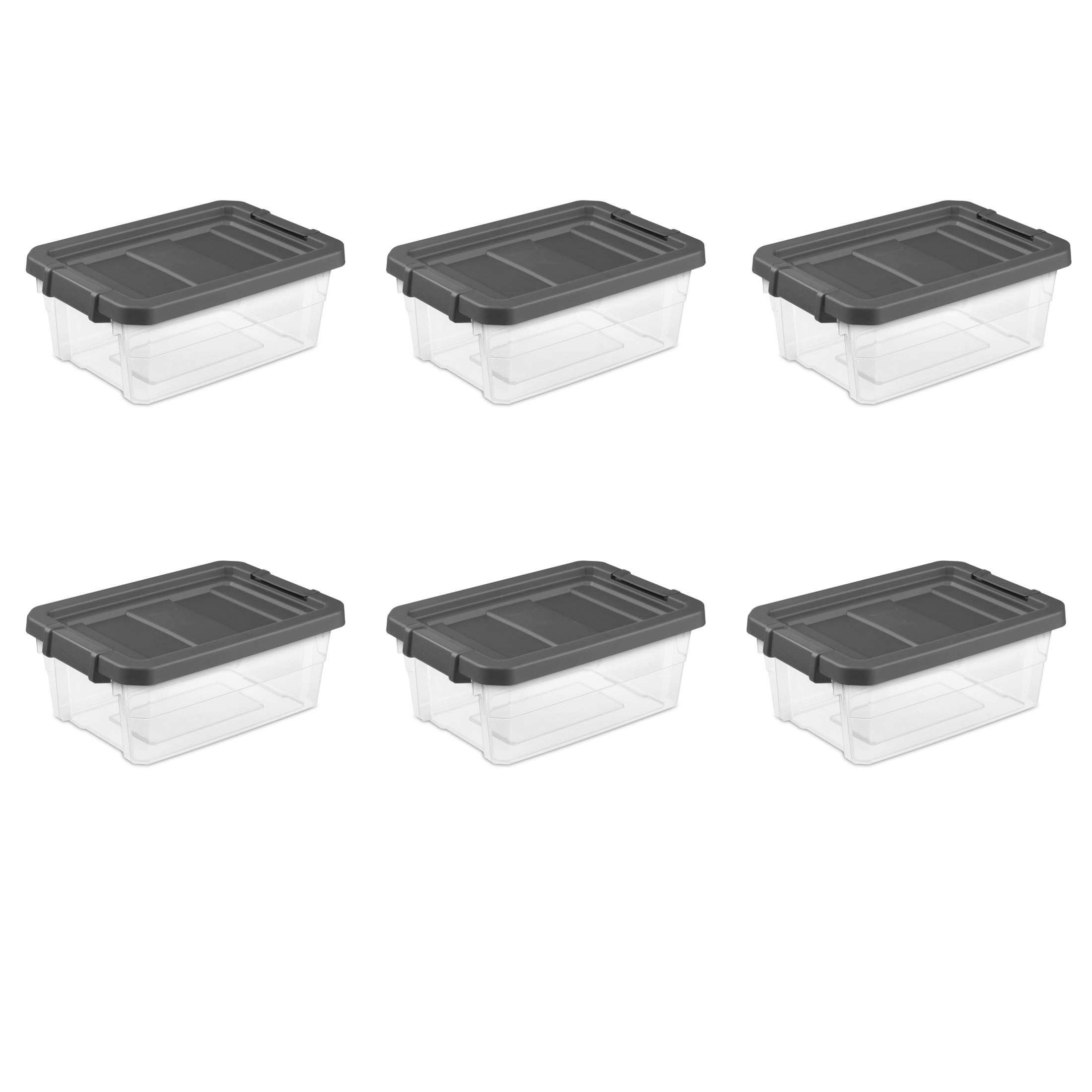 Sterilite 16 Quart Stacker Box, Durable Clear Plastic Storage Bin with Latch Lid, Dark Gray, 6 Pack