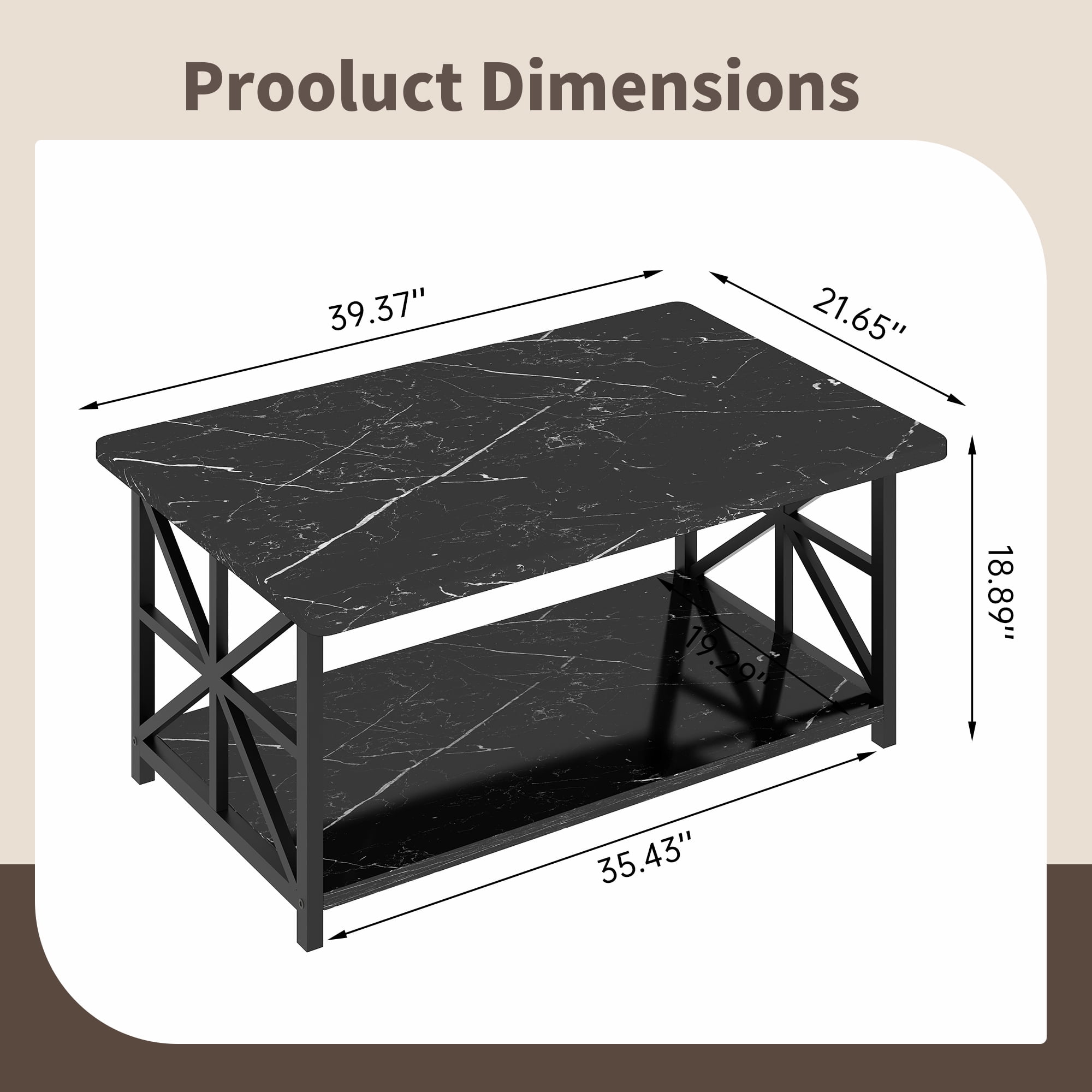 Baxluxe Rectangular Coffee Table with Storage Shelves, Faux Marble Tabletop Living Room Center Table, 2-Tier Storage Tea Table, Modern Coffee Table for Small Space, Home, Office, Black