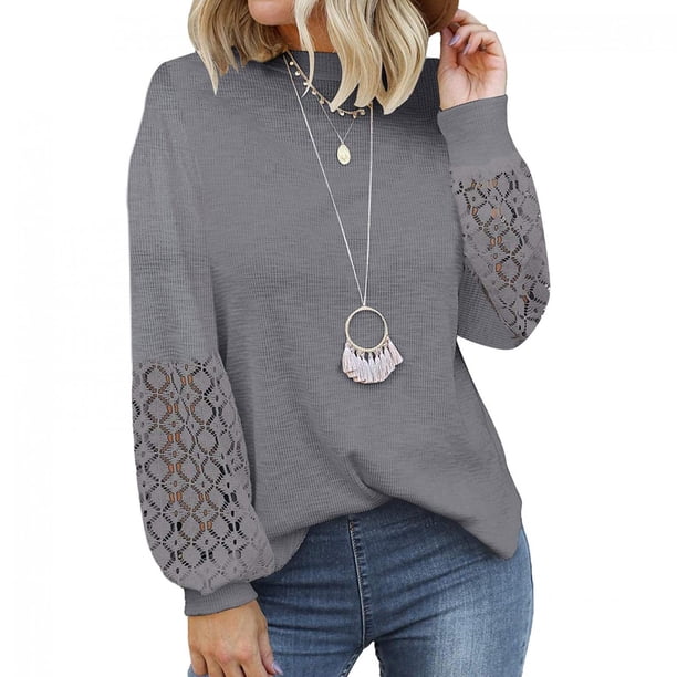 Pntutb Mujeres Casual Sólido O-cuello Encaje Patchwork Manga larga Jersey Blusa Camiseta tops Pntutb Pntutb-7253