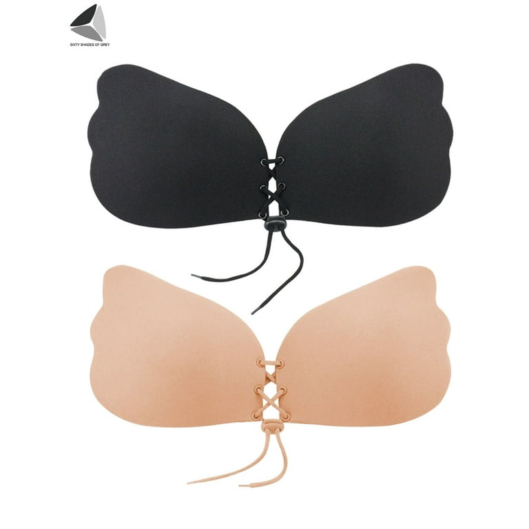 PULLIMORE 2 Pairs Women Adhesive Invisible Strapless Bra Reusable Push-up  Silicone Sticky Bra (Cup B, Black + Skin)