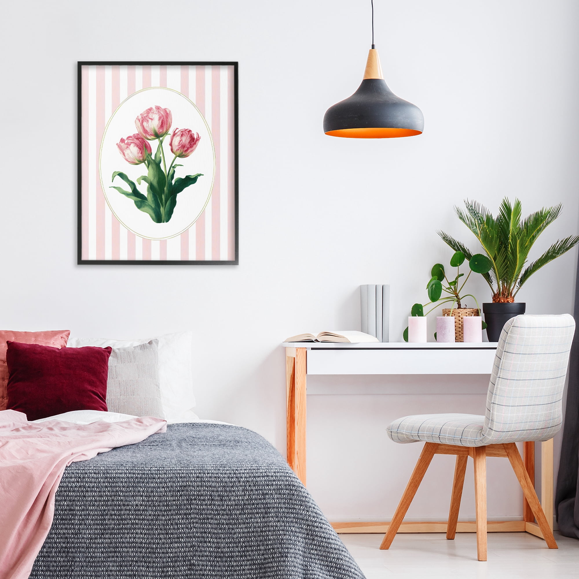 Stupell Industries Spring Tulips on Stripes Black Framed Giclee Art, design by Ink Drop Loft