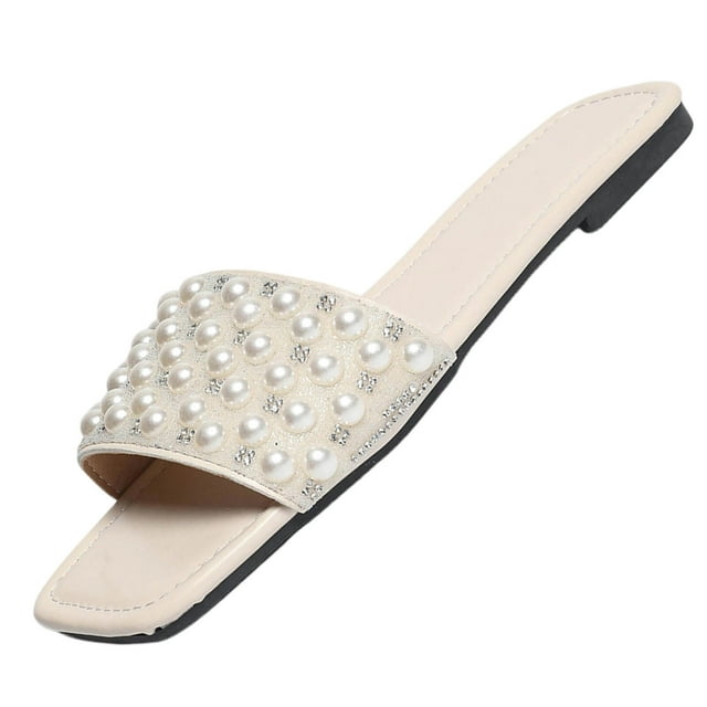 WLOELOEW Square Toe Flat Slide Slippers For Women With Pearl Strap Soft Lazy Indoor Outdoor Slides Synthetic Upper Available In Us Size 6 (Foot Length: 9.25 Inches)