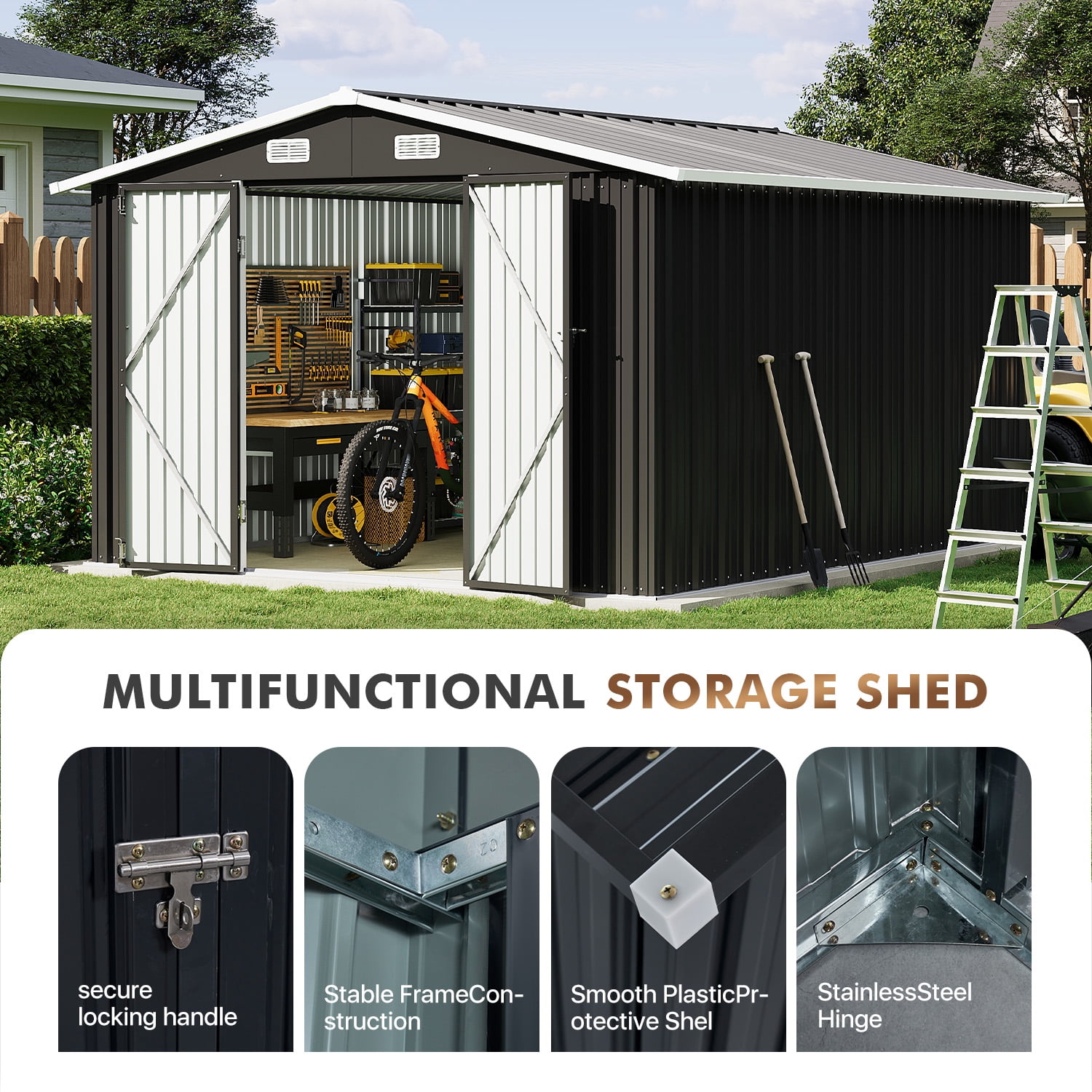 BaPiPro 10x12FT Outdoor Metal Storage Shed with Lockable Doors, Garden Tool Shed Bicycle Shed, Black